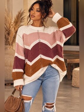 Full Circle Trends Chevron Colorblock Open Knit Sweater Pink Burgundy Rust Boho